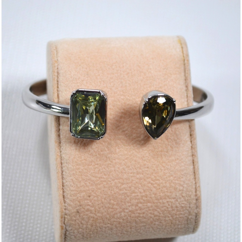 Silver Toned Hinged Bracelet w/ 2 Greenish Color Settings 5" Across